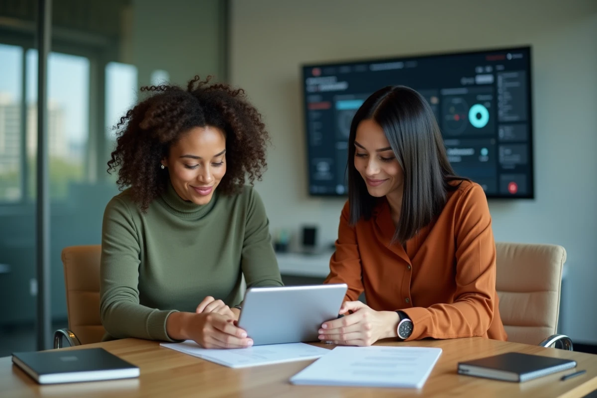 Deux collaboratrices d'une PME examinant ensemble le tableau de bord MyPrimobox sur une tablette en salle de réunion