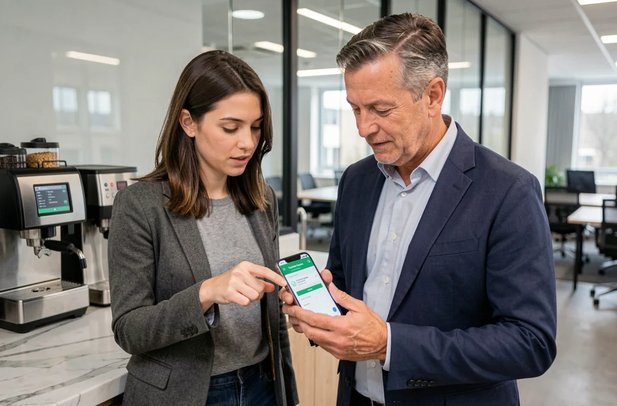 Deux collègues découvrant ensemble les avantages du CE MAAF sur smartphone