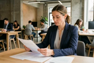 Consultante indépendante comparant des contrats de portage salarial dans un espace de coworking moderne à Paris
