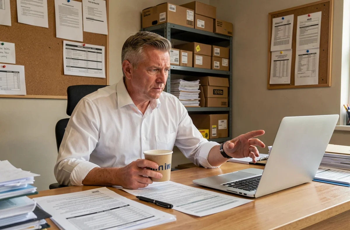 Chef d'entreprise comparant des devis pour commander des gobelets personnalisés en gros volume
