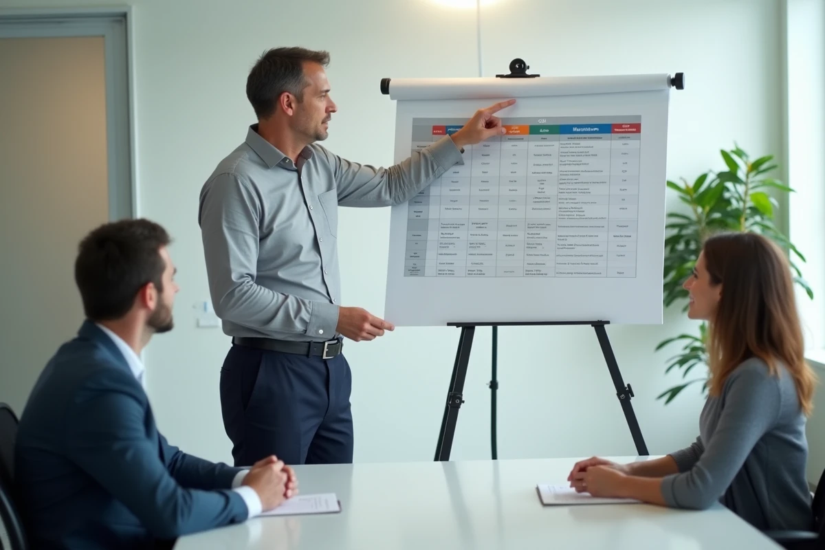 Homme d'affaires présentant une comparaison de formules tarifaires B2B lors d'une réunion professionnelle