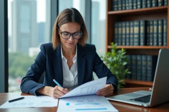 Comptable professionnelle analysant des documents financiers pour optimiser les frais de cession d'un fonds de commerce