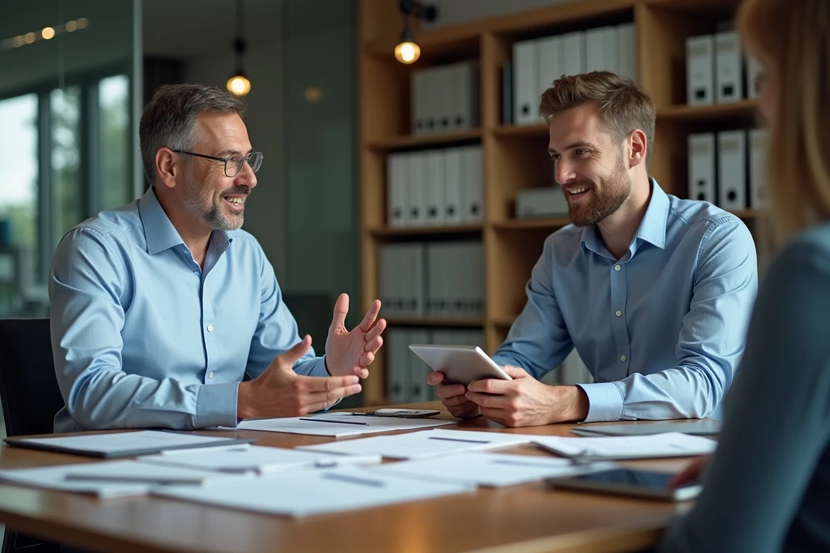 Homme comptable en réunion avec un entrepreneur dans un bureau contemporain