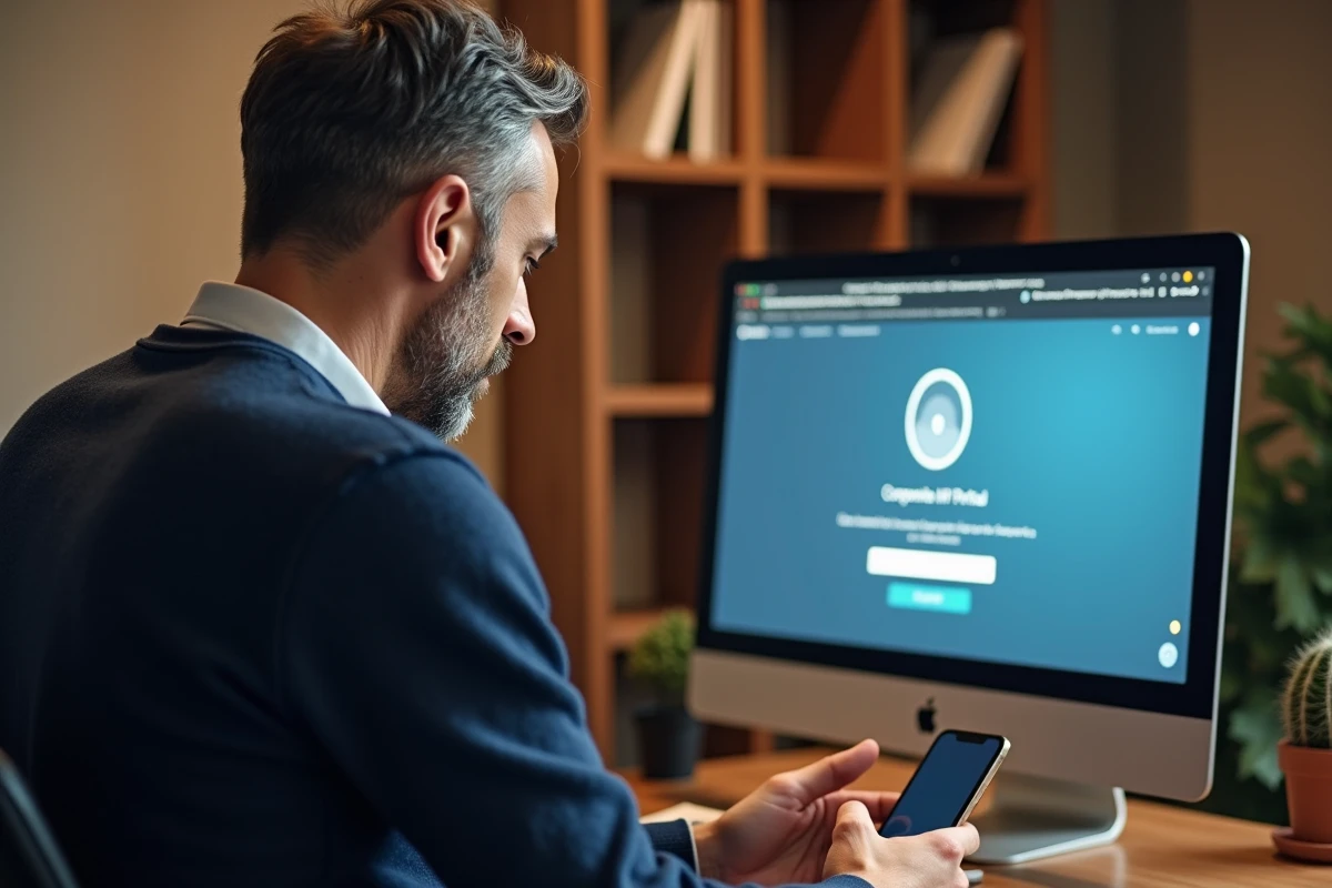 Homme consultant son téléphone et son ordinateur pour résoudre un problème de connexion à un portail RH comme Nibelis