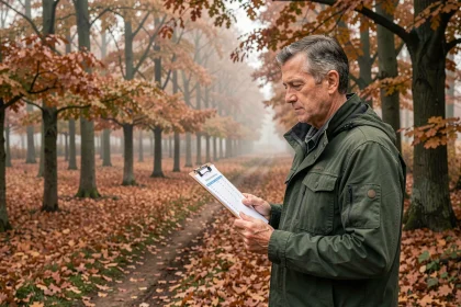 Conseiller forestier examinant des documents financiers en forêt de chênes en automne, illustrant la gestion patrimoniale forestière avec Techniforet