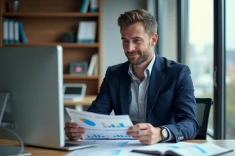 Consultant GEO Adrien Beaujeu examinant des retours clients dans un bureau moderne avec écrans d'analyse en arrière-plan