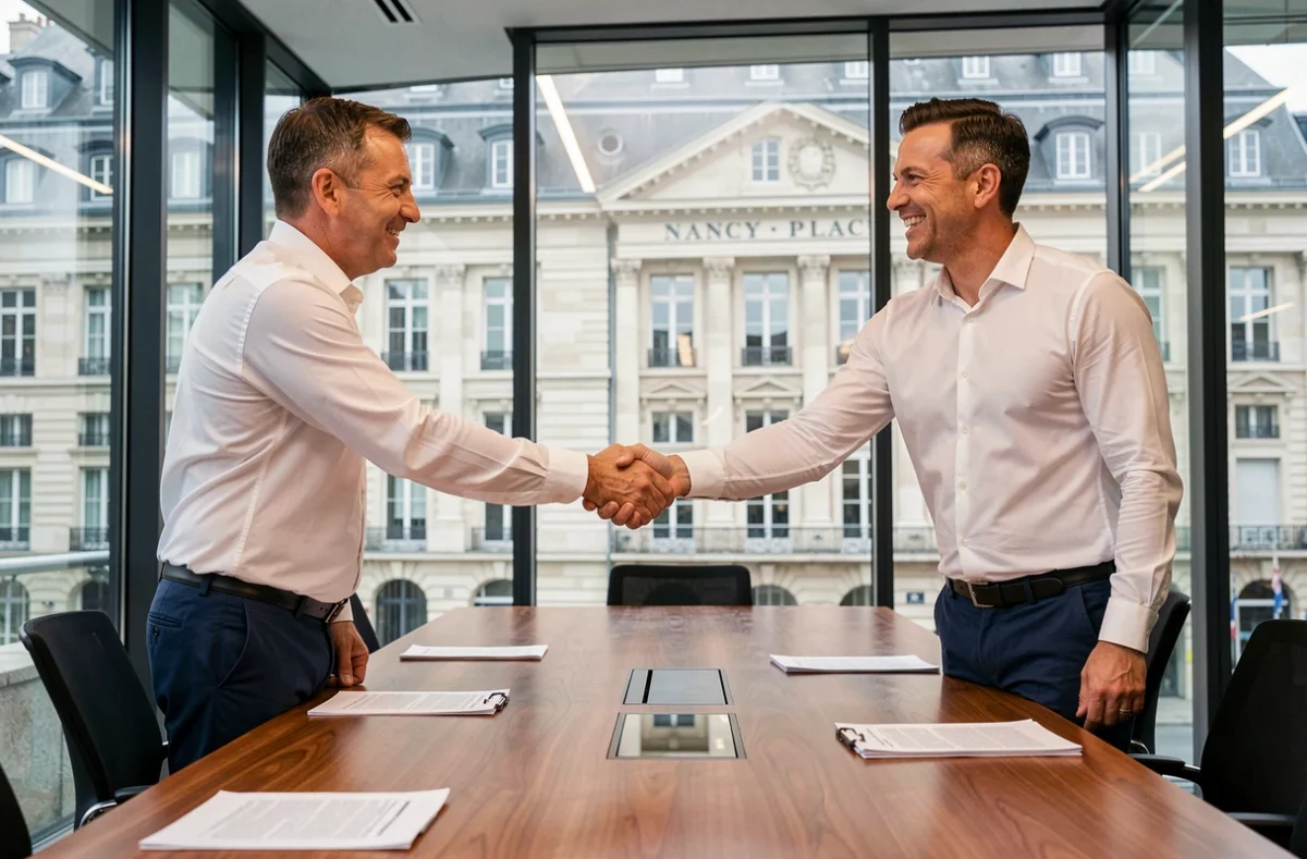 Consultant indépendant en portage salarial signant un accord commercial avec un client dans une salle de réunion à Nancy