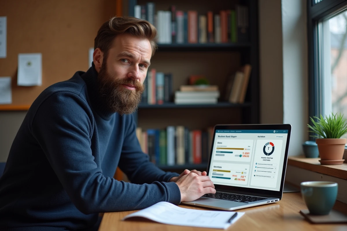 Consultant web optimisant un site SaaS depuis un bureau à domicile avec un outil d'audit de performance