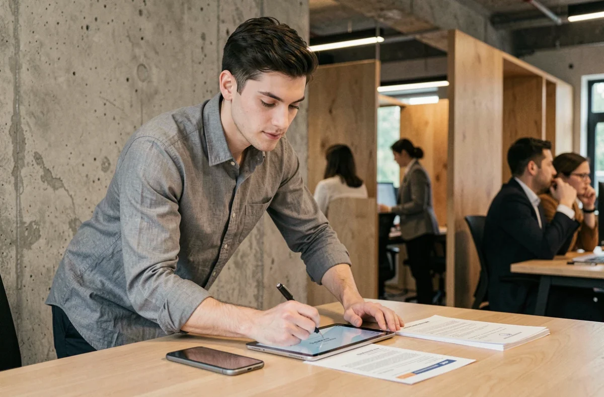 Consultant en recrutement intérimaire utilisant une tablette pour signer des contrats en ligne via une solution de gestion documentaire