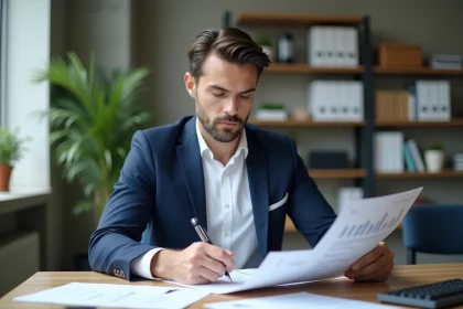 Consultant SEO Cédric Guérin Dyez analysant des rapports de stratégie SEO dans un bureau d'agence moderne
