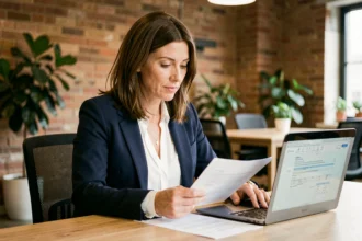 Consultante indépendante en portage salarial révisant son contrat dans un espace de coworking moderne