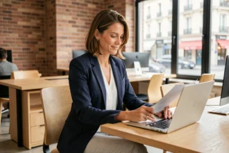 Consultante en portage salarial travaillant sur son ordinateur portable dans un espace de coworking moderne à Nancy