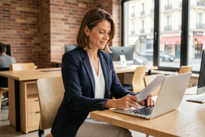 Consultante en portage salarial travaillant sur son ordinateur portable dans un espace de coworking moderne à Nancy