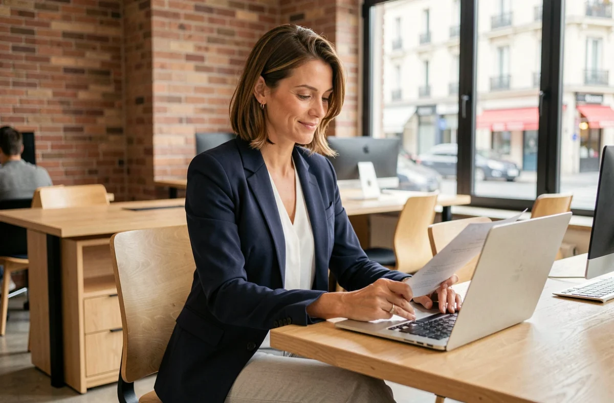 Consultante en portage salarial travaillant sur son ordinateur portable dans un espace de coworking moderne à Nancy