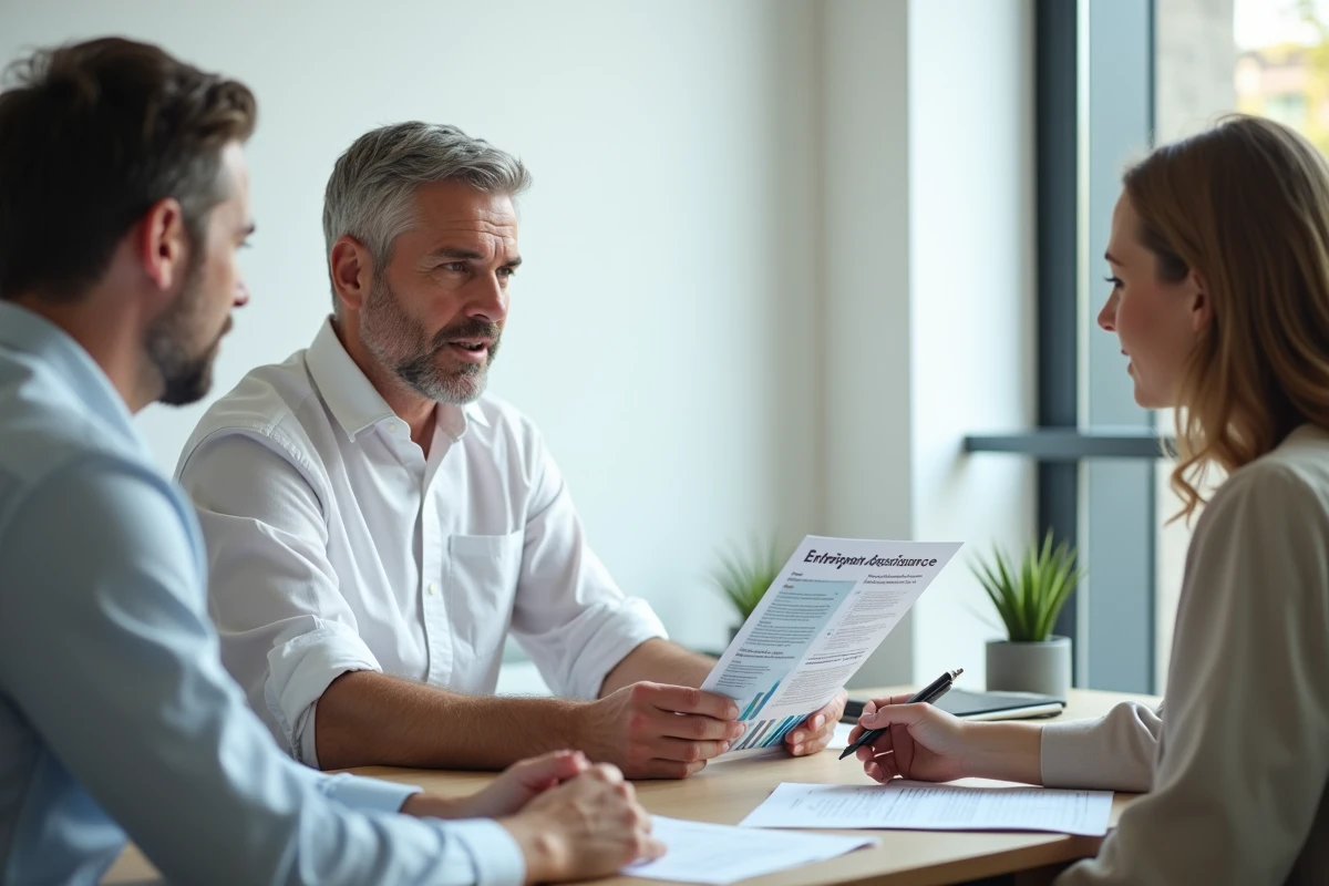 Futur entrepreneur de 45 ans en consultation avec un conseiller financier pour obtenir des aides à la création d'entreprise en 2026