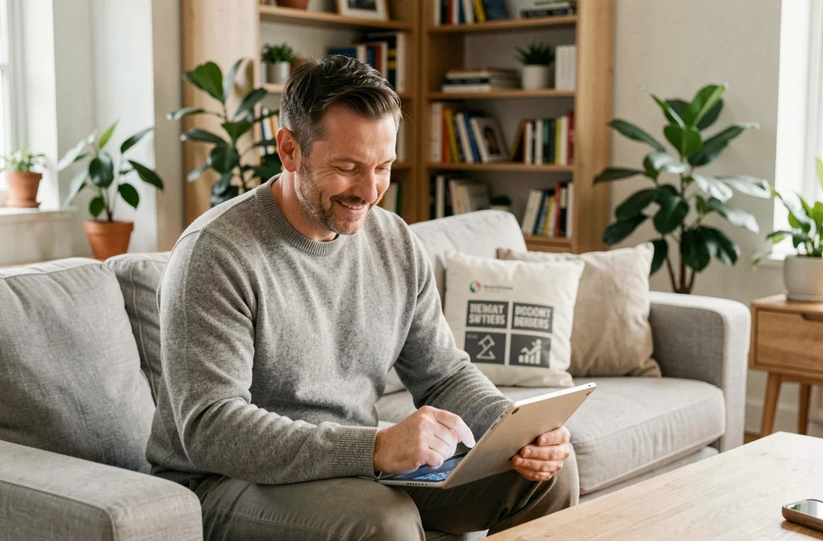 Homme consultant les avantages CE MAAF sur une tablette depuis son salon
