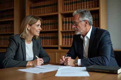 Femme licenciée consultant un avocat spécialisé en droit du travail dans un cabinet juridique professionnel