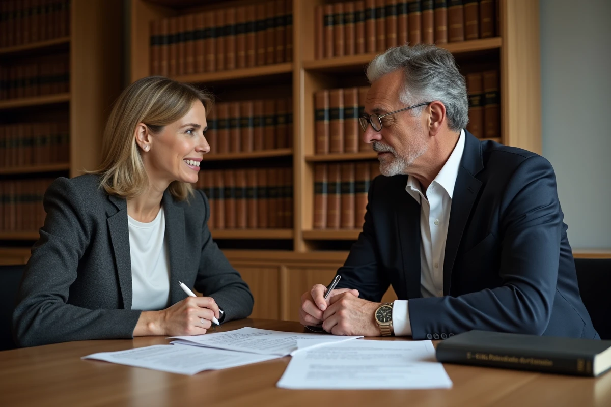 Femme licenciée consultant un avocat spécialisé en droit du travail dans un cabinet juridique professionnel