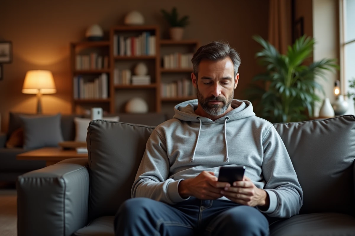 Un homme consulte et modifie ses informations de compte CSE depuis son téléphone portable à domicile