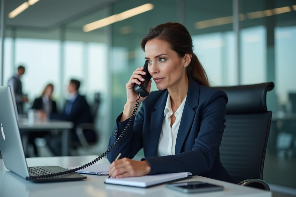Employée professionnelle contactant le CSE Altran par téléphone depuis son bureau en open space