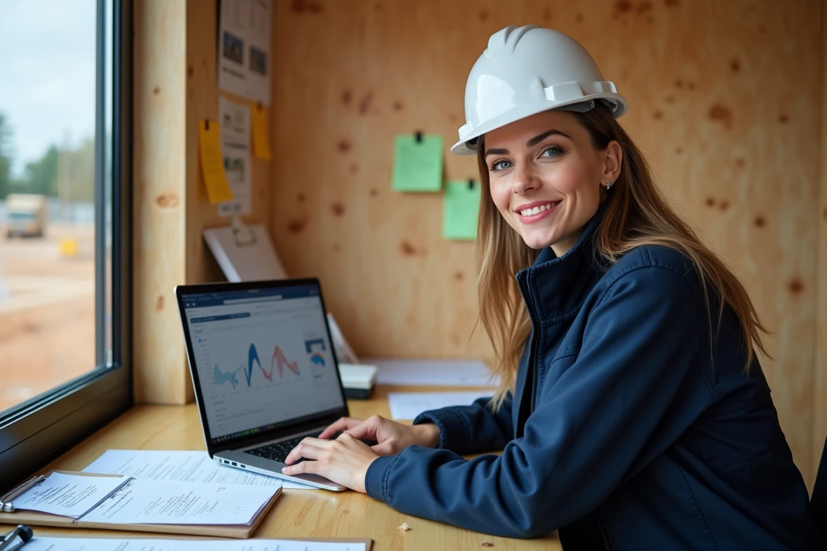 Coordinatrice de projet BTP travaillant sur un logiciel de gestion de chantier dans un bureau de chantier