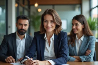 Responsable RH d'une PME présentant la solution MyPrimobox à son équipe autour d'un écran dans un bureau moderne