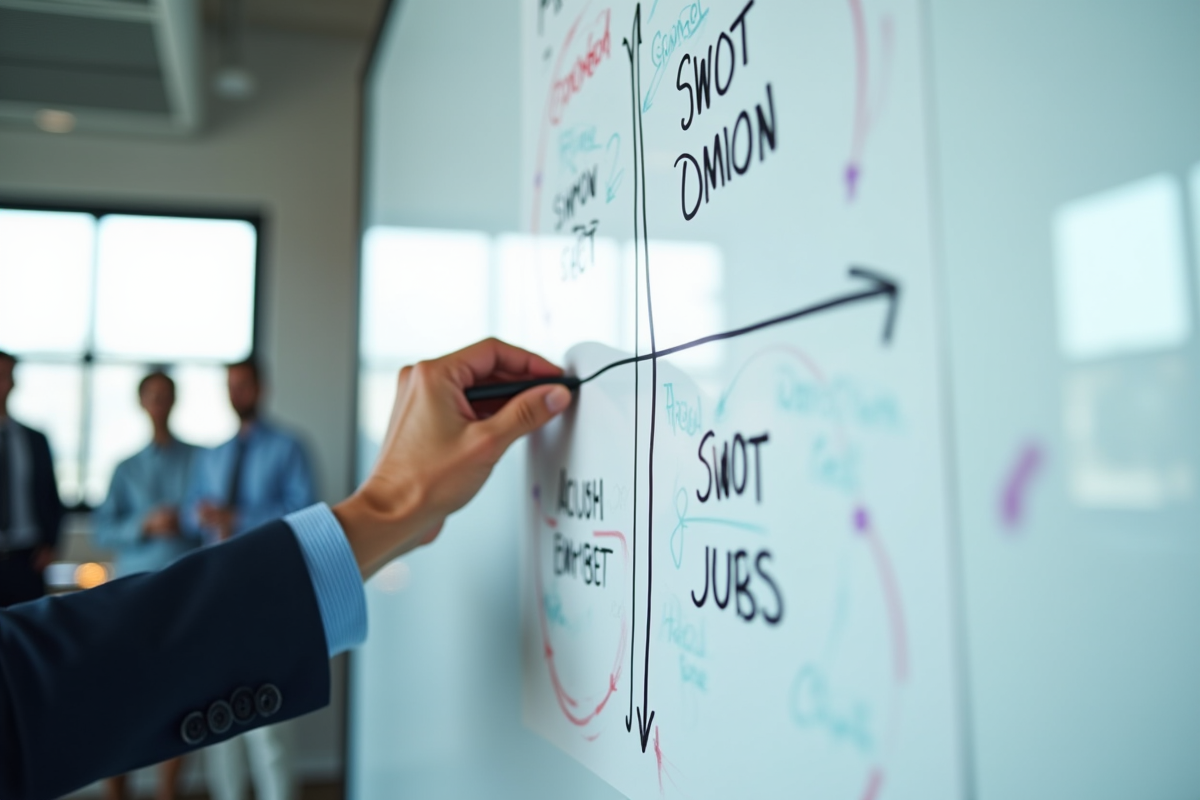 Main dessinant une matrice SWOT sur un tableau blanc lumineux