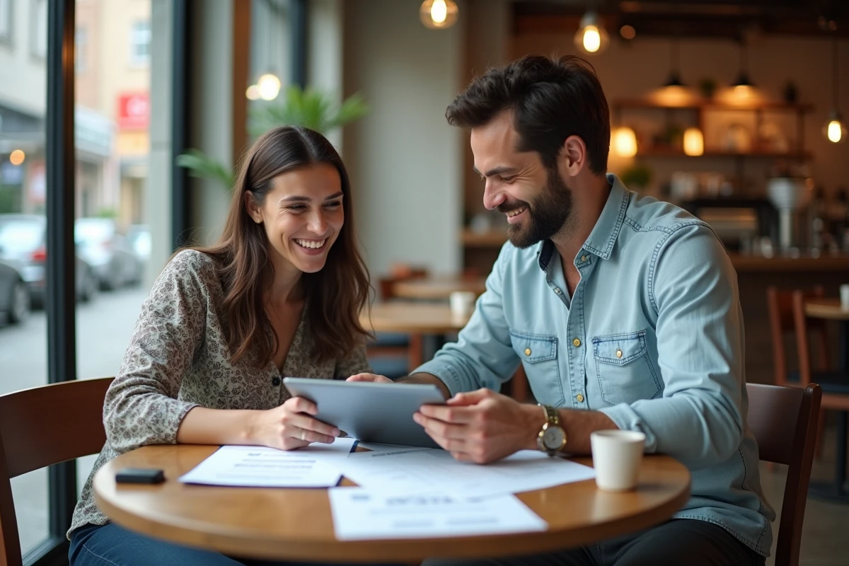 Deux entrepreneurs collaborant autour d'une table de café, examinant des documents et une tablette dans une atmosphère décontractée de démarrage d'entreprise