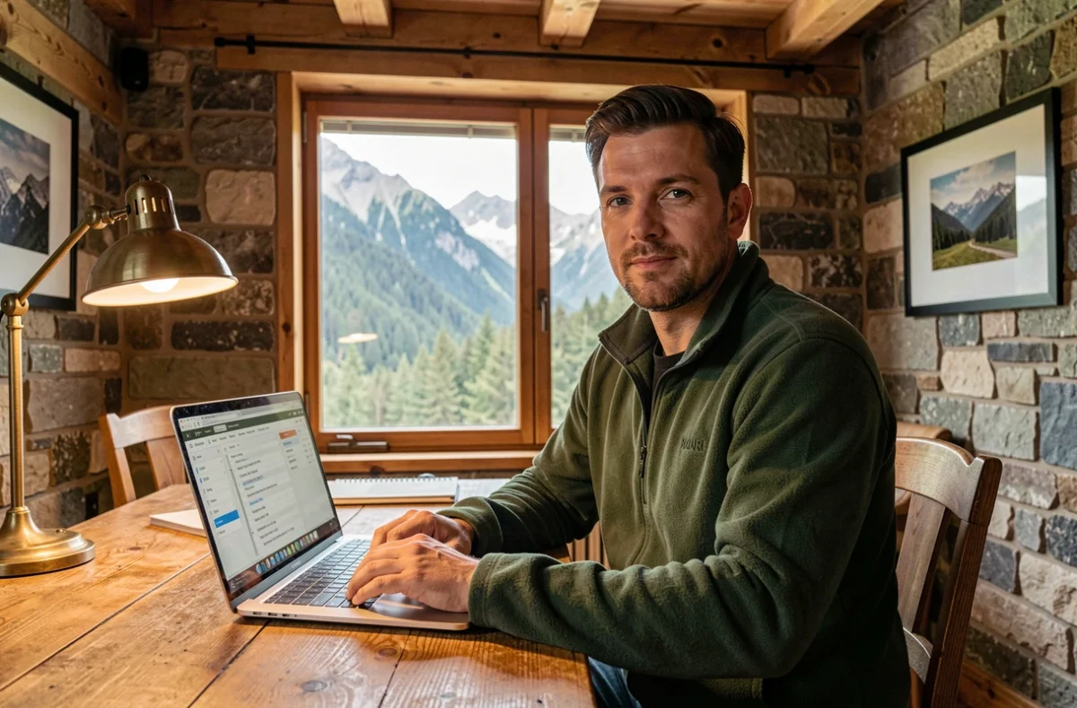 Expert SEO de l'agence Digicîmes travaillant dans un bureau inspiré du style chalet alpin