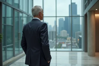 Dirigeant de banque en costume sombre dans un hall d'entreprise moderne symbolisant un départ de direction