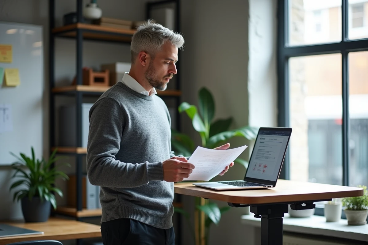 Dirigeant de PME consultant la plateforme MyPrimobox sur son ordinateur portable dans un espace de travail fonctionnel