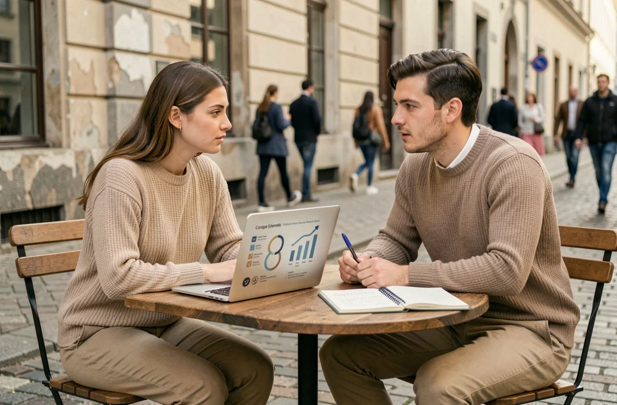 Deux jeunes adultes discutant des métiers qui recrutent le plus en 2026 autour d'un café en terrasse urbaine