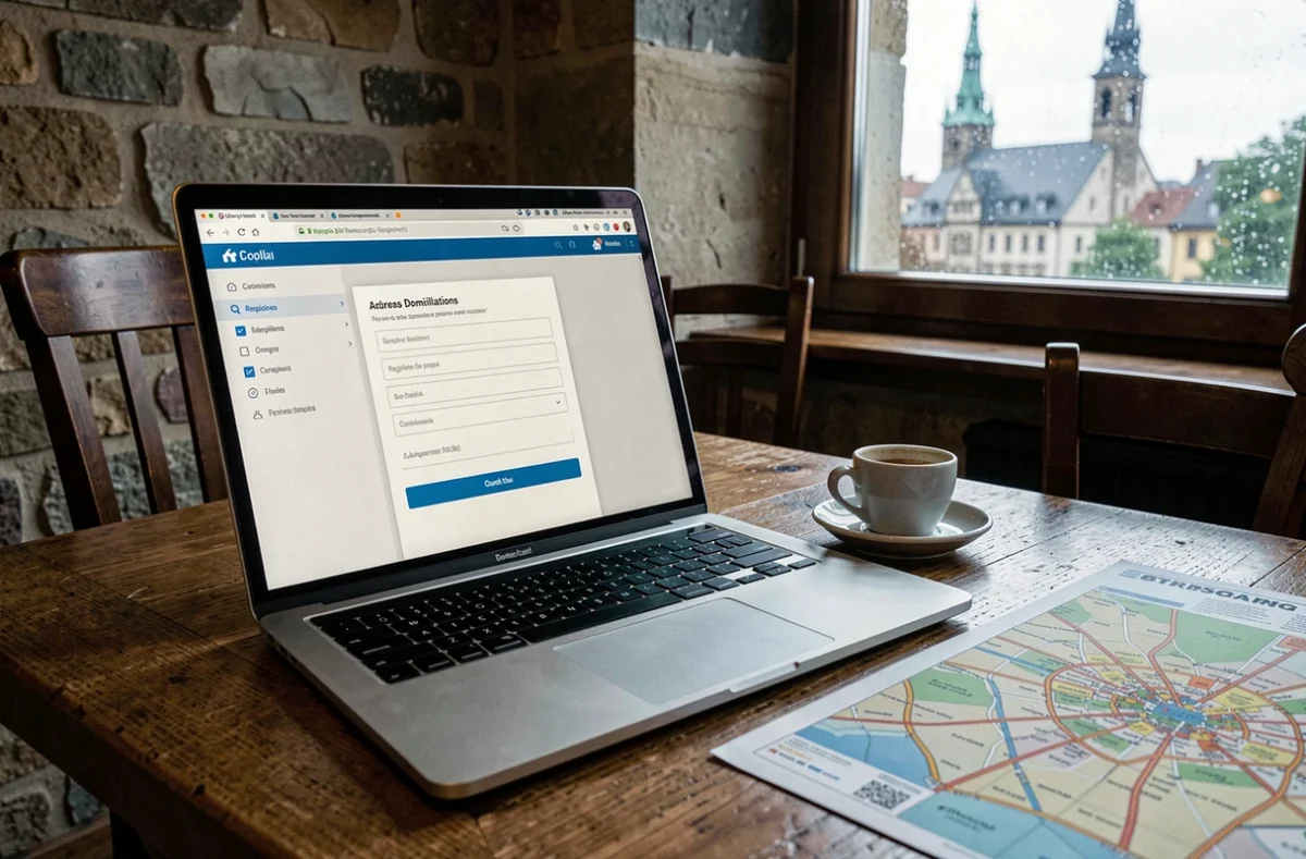 Démarche de domiciliation d'entreprise en ligne depuis un café strasbourgeois avec vue sur la cathédrale