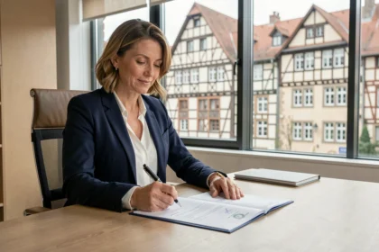 Femme d'affaires signant des documents de domiciliation d'entreprise à Strasbourg dans un bureau moderne avec vue sur la ville