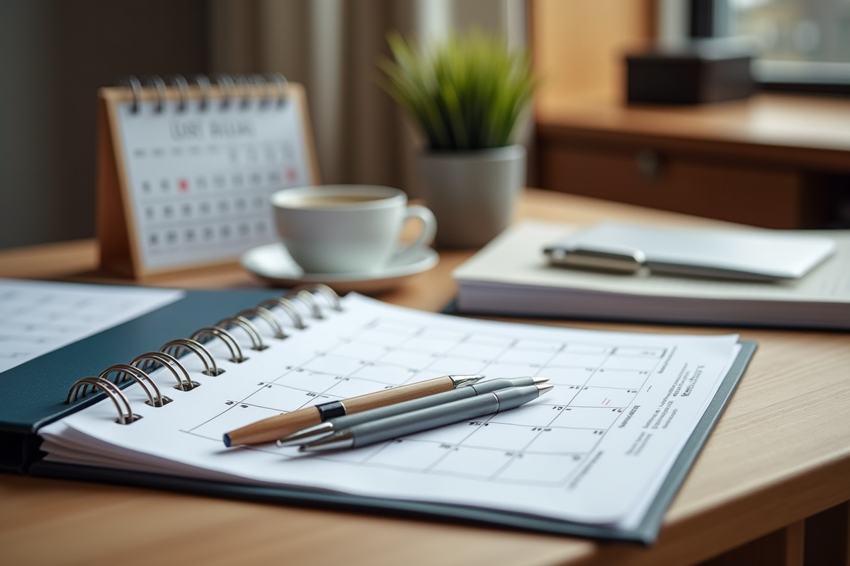 Dossiers et papiers organisés avec tasse de café et calendrier