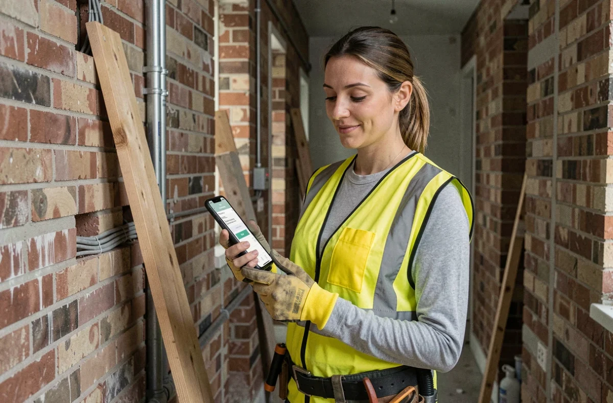 Électricienne en gilet jaune consultant son smartphone pour s'inscrire sur Artisan-en-1-clic dans un couloir de chantier en rénovation
