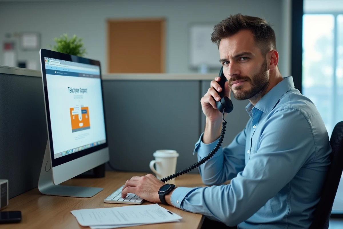 Employé de bureau contactant le support Orange par téléphone fixe pour résoudre une panne internet professionnelle