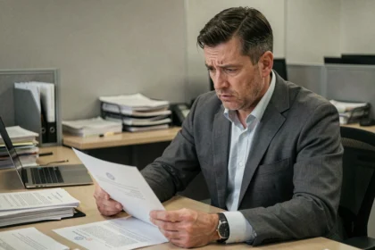 Employé stressé examinant un document de solde de tout compte non versé à son bureau