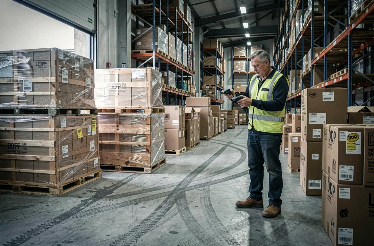 Entrepôt de fret avec marchandises sous Incoterm DDP prêtes à être dédouanées et livrées