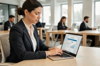 Femme entrepreneur analysant une offre d'abonnement payant sur son ordinateur portable dans un bureau moderne