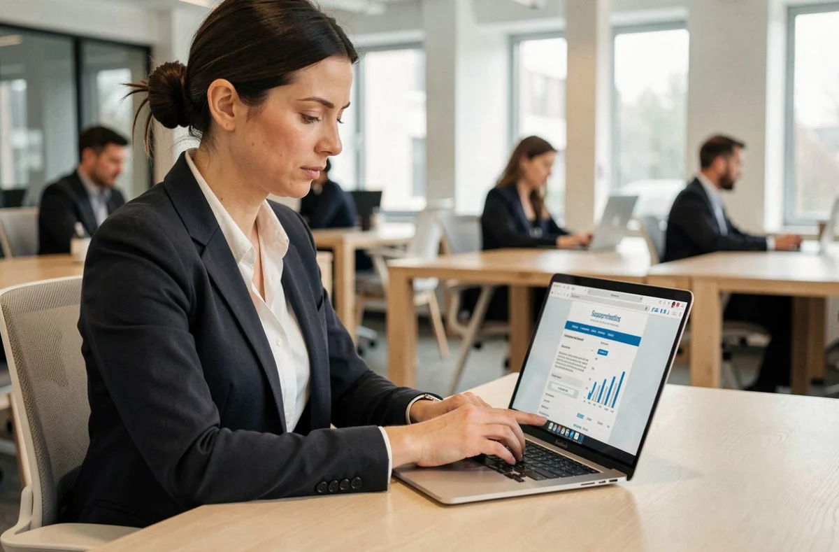 Femme entrepreneur analysant une offre d'abonnement payant sur son ordinateur portable dans un bureau moderne