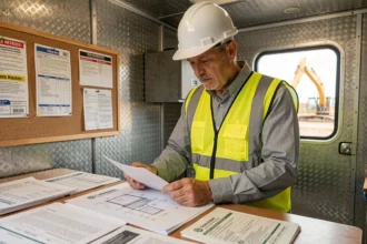 Entrepreneur du bâtiment consultant des documents réglementaires et permis de construire dans un bureau de chantier