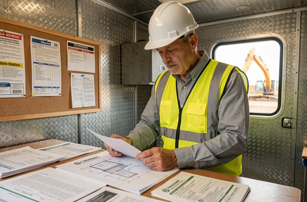 Entrepreneur du bâtiment consultant des documents réglementaires et permis de construire dans un bureau de chantier