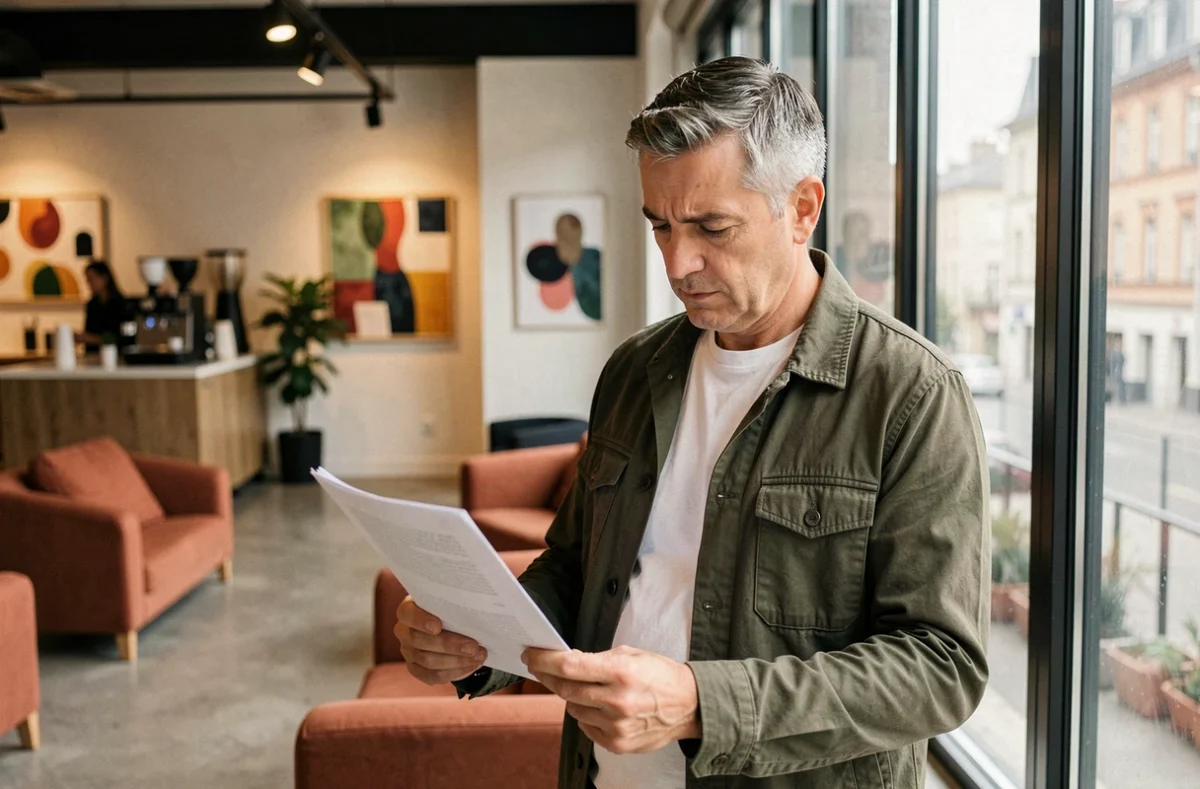 Entrepreneur masculin consultant des documents dans le salon d'un espace de coworking contemporain à Saint-Étienne