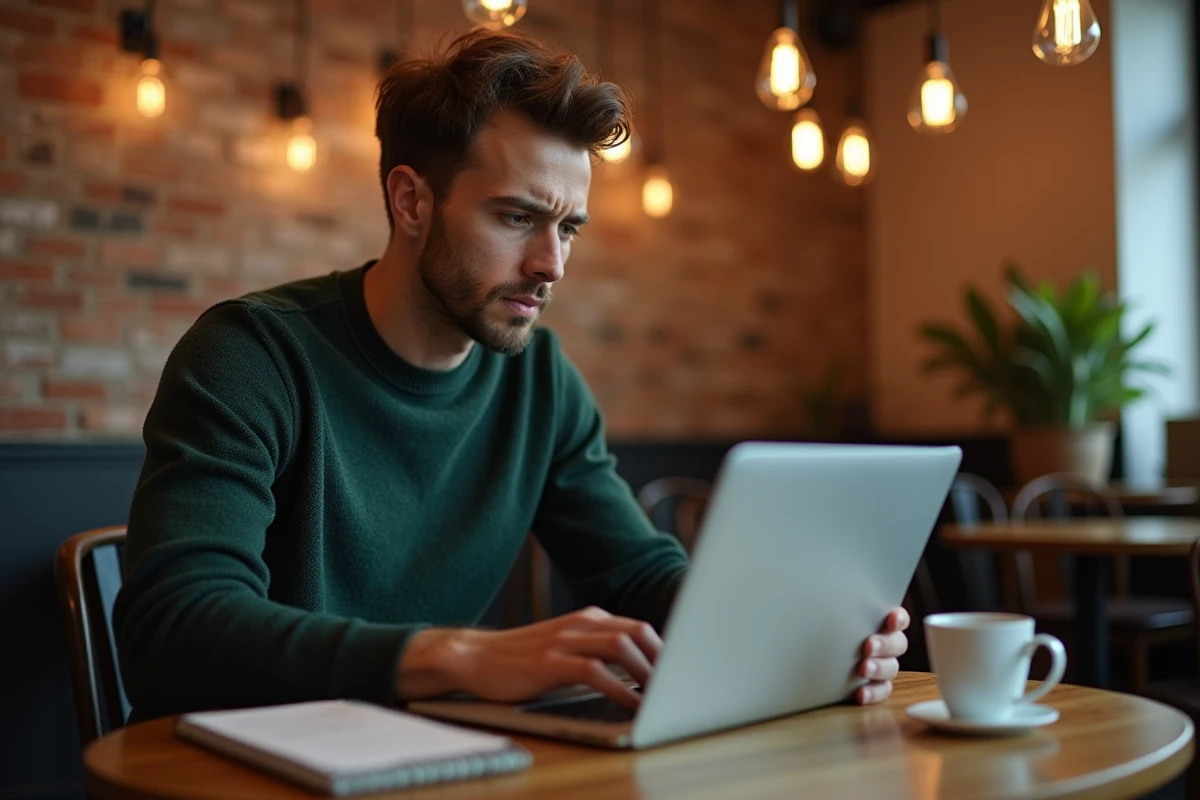 Jeune entrepreneur analysant seul les prix et formules cachées d'un réseau de networking B2B dans un café