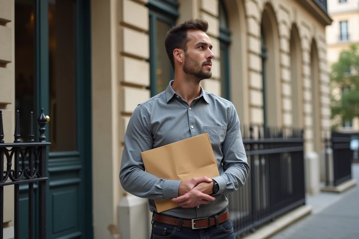 Entrepreneur tenant un dossier de propriété intellectuelle devant un bâtiment administratif français à Paris