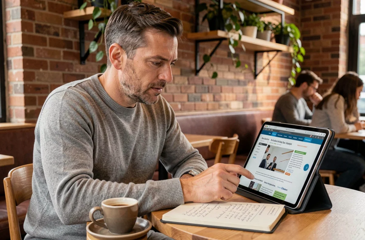 Entrepreneur masculin évaluant un abonnement à un journal d'affaires depuis une tablette dans un café