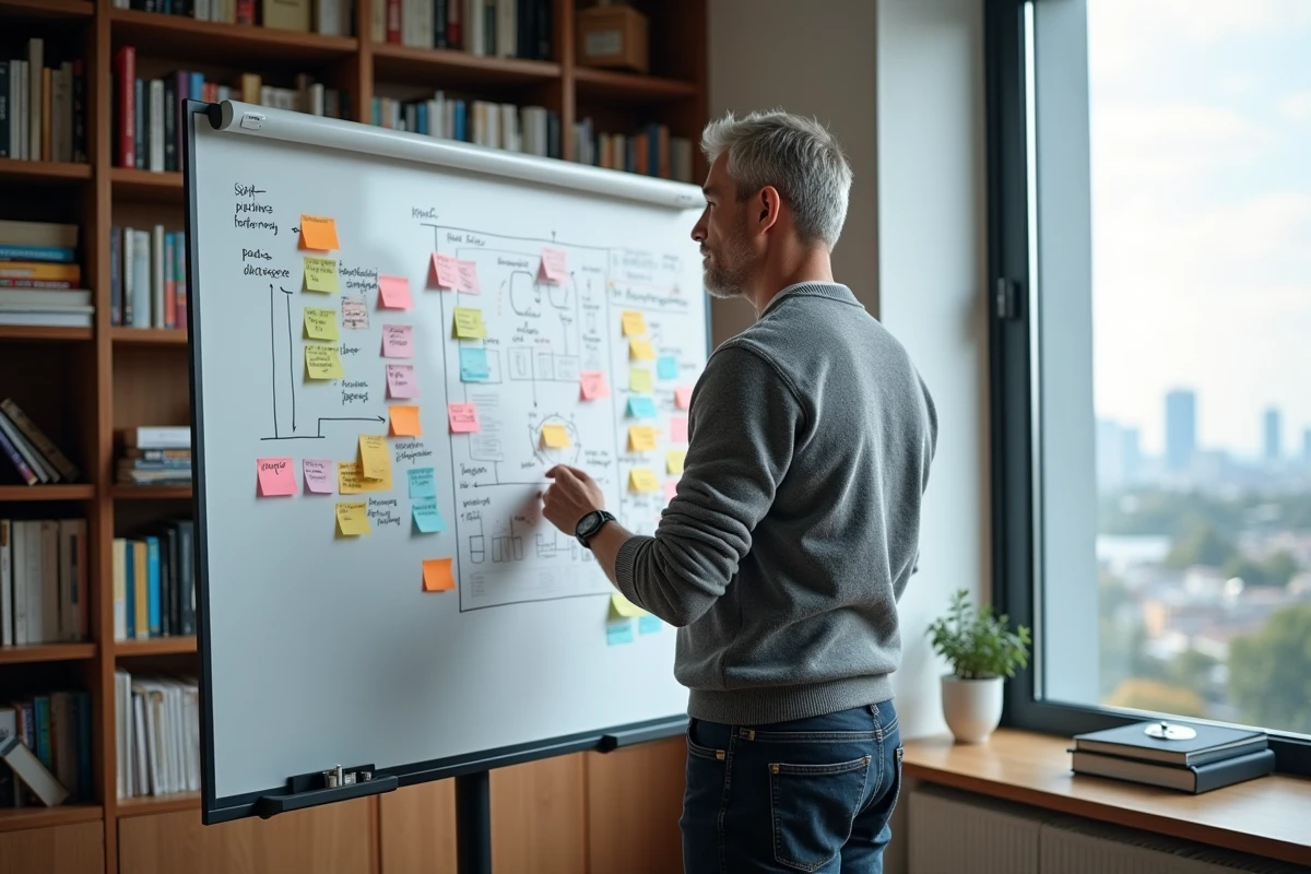 Entrepreneur masculin debout devant un tableau blanc couvert de schémas stratégiques dans un bureau moderne avec des étagères de livres d'entreprise