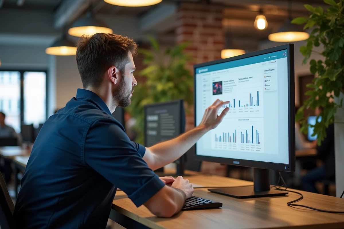Entrepreneur masculin configurant un tunnel de vente sur systeme.io pour commercialiser une formation en ligne depuis un espace de coworking