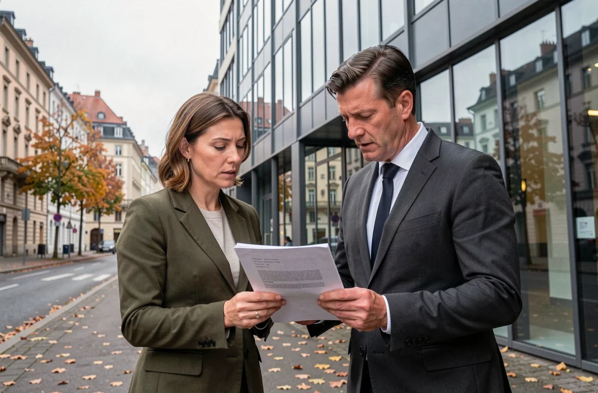 Deux entrepreneurs examinant un contrat de domiciliation devant un immeuble d'affaires dans le quartier Neustadt à Strasbourg